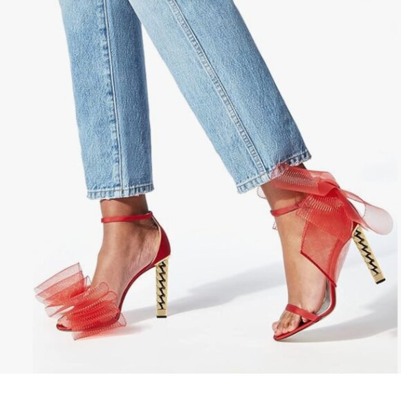 FSJ Red Mesh Gold Metal Chain Chunky High Heels Ankle Strap Open Toe Sandals - Picture 1 of 8